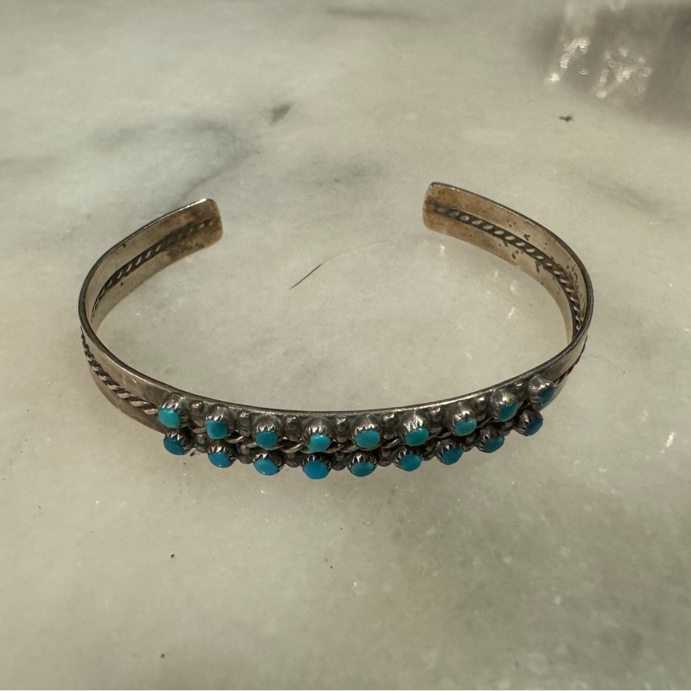 Zuni petit point turquoise and sterling silver bracelet - size 5 3/4 with 1” gap